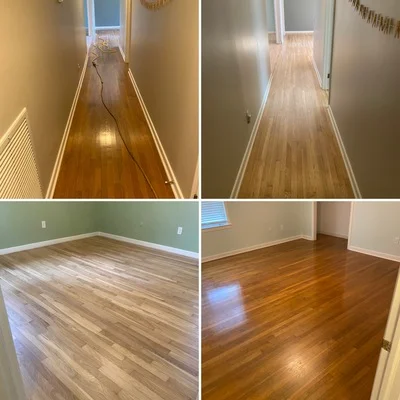 Before and after hardwood flooring installation in hallways and rooms with medium-dark wood finish