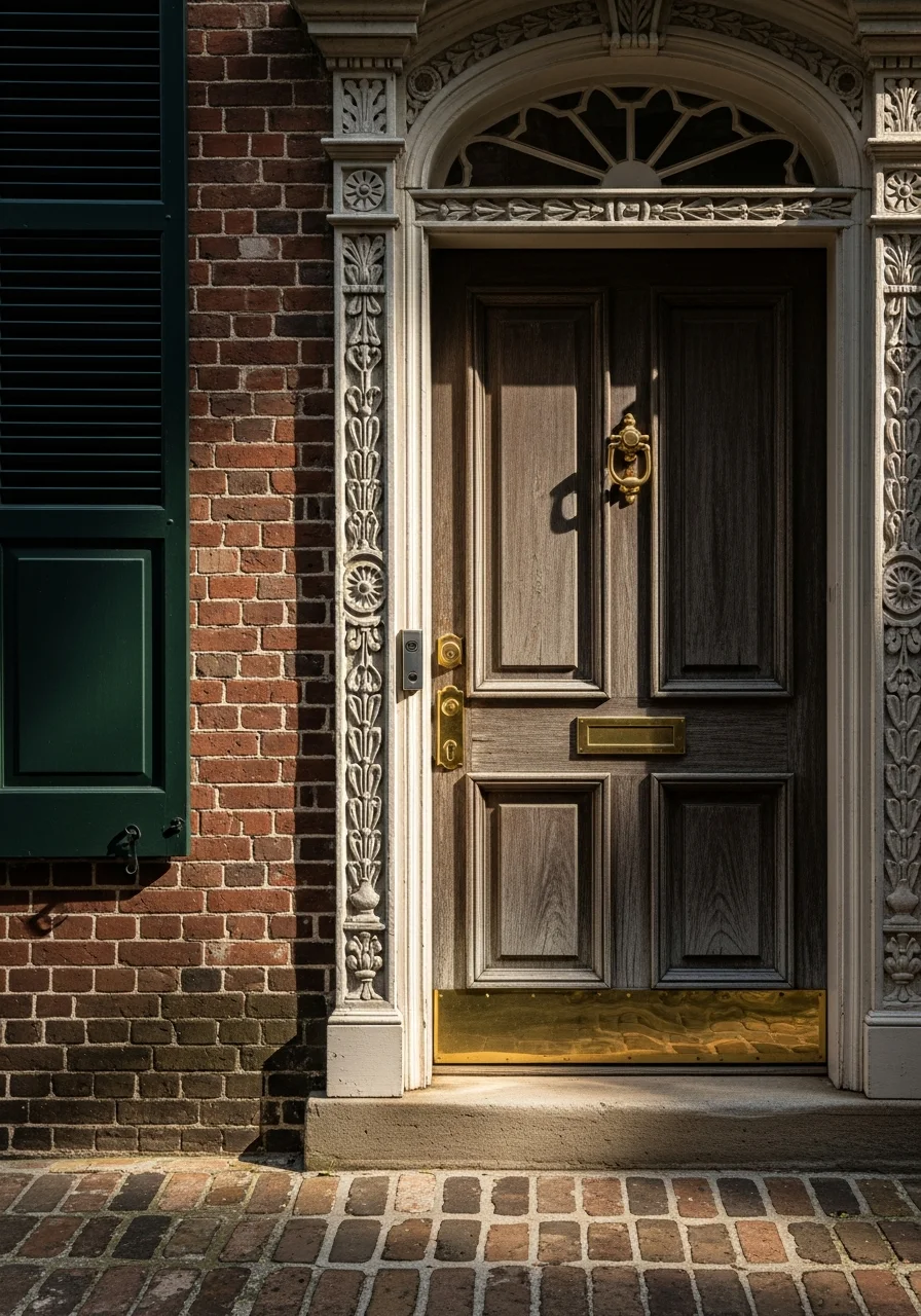 Detailed view of a Charleston home's ornate front door and shutters with period-appropriate architectural elements.
