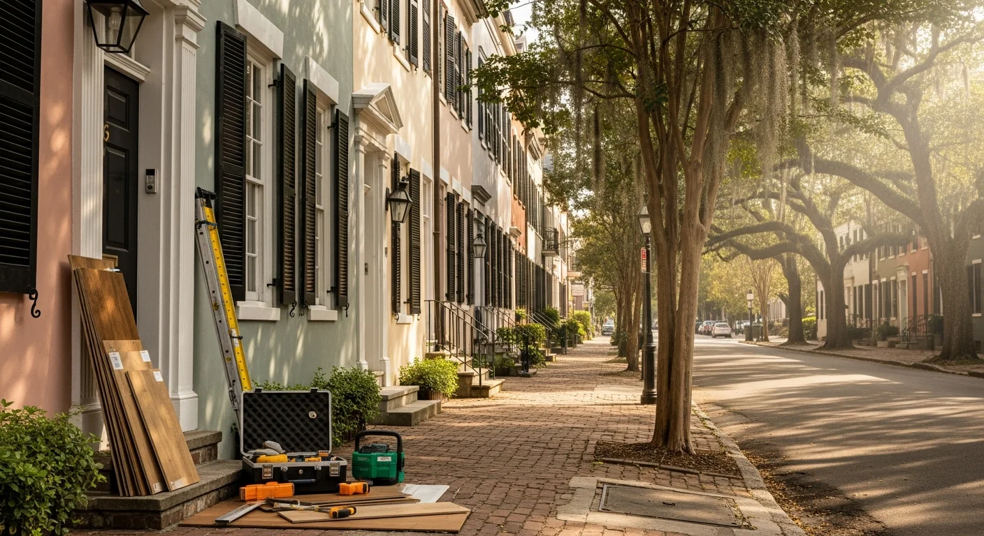 Historic Charleston street with pastel-colored colonial homes, brick sidewalks, and Spanish moss-draped trees.