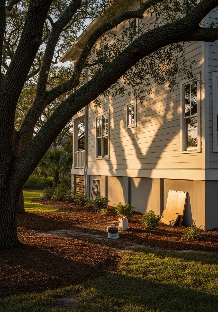Detail of a Johns Island home's exterior showing tree-framed setting and natural drainage features.