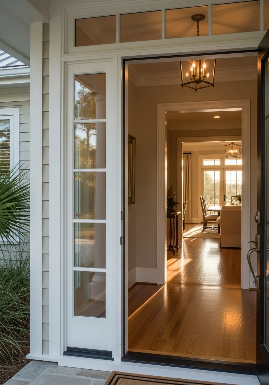 Kiawah Island home entrance showing refined architectural elements and professional landscape design.
