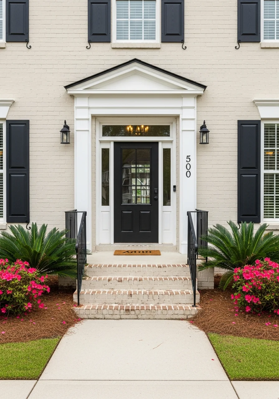 Close-up of a Summerville home's front entrance with classic architectural details and welcoming landscaping.